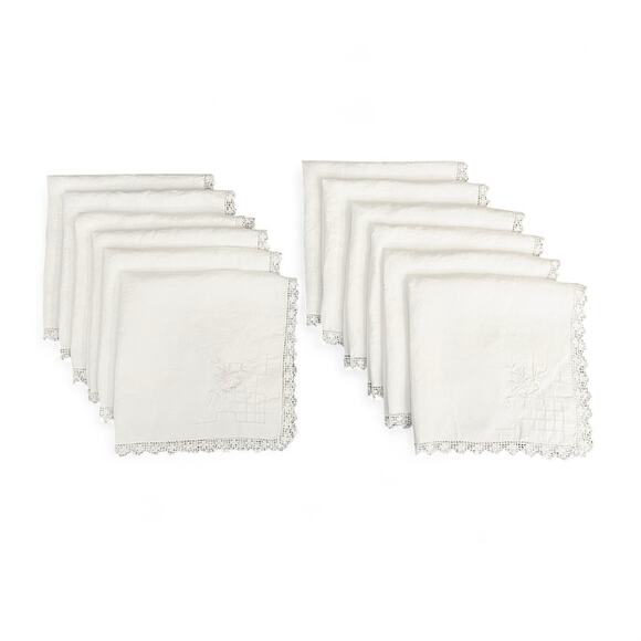 Vintage White Napkins Set 12 Cotton Blend Embroidered Floral Design Crochet Trim - Picture 8 of 10